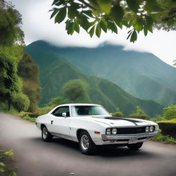 A luxurious white muscle car cruising through the scenic landscapes of Guatemala