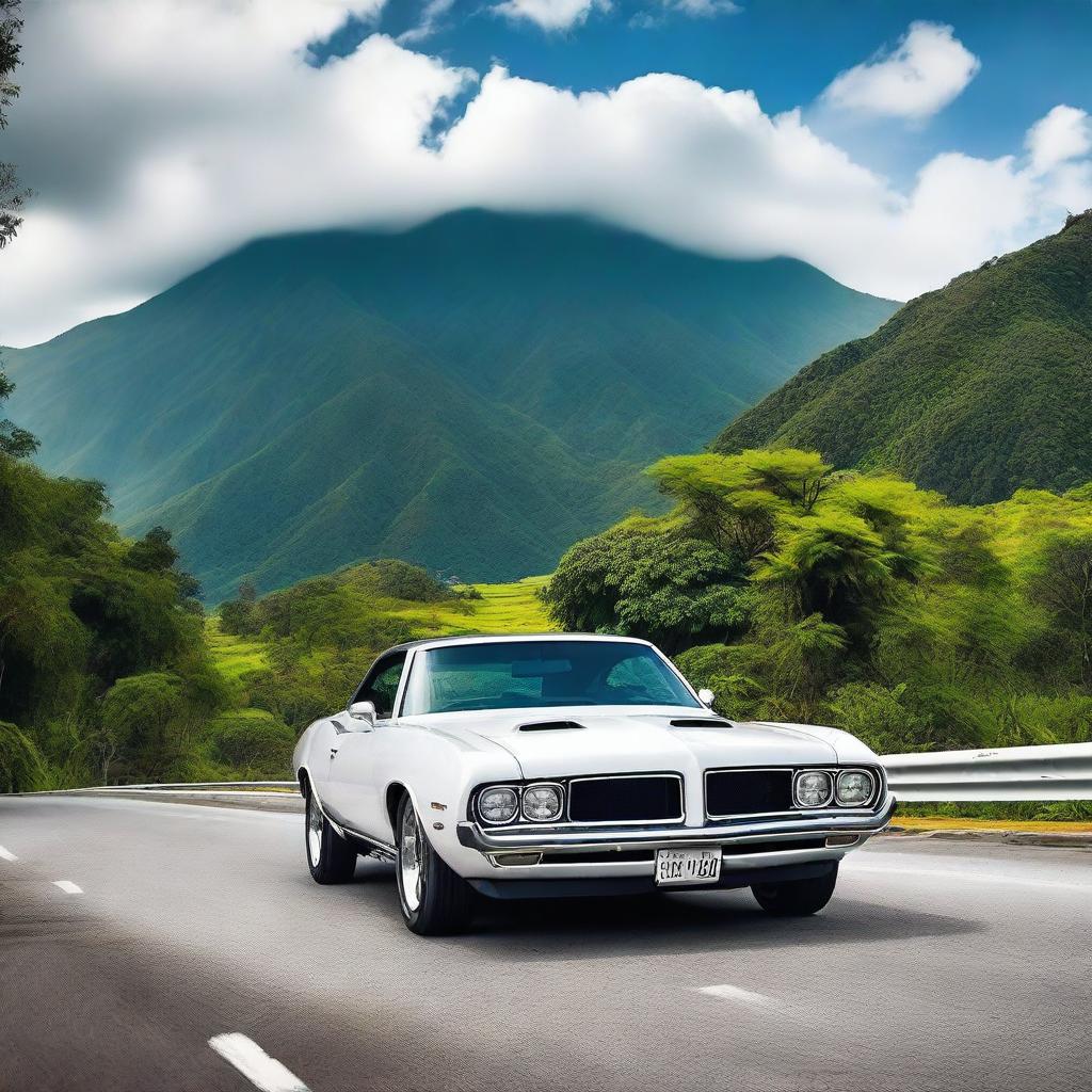 A luxurious white muscle car cruising through the scenic landscapes of Guatemala