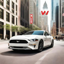 A white Ford Mustang adorned with the Axalta logo parked in a bustling city setting