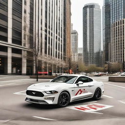 A white Ford Mustang adorned with the Axalta logo parked in a bustling city setting