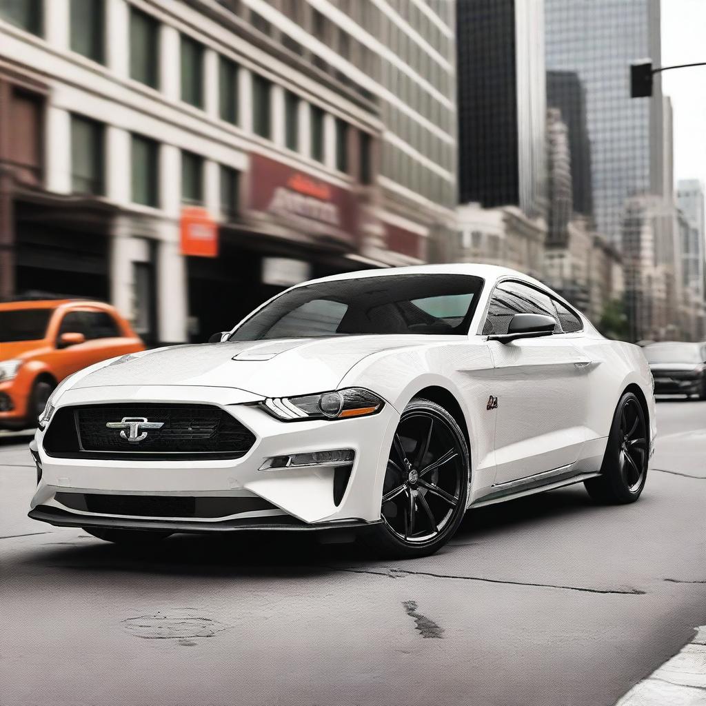 A white Ford Mustang adorned with the Axalta logo parked in a bustling city setting