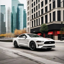 A white Ford Mustang adorned with the Axalta logo parked in a bustling city setting