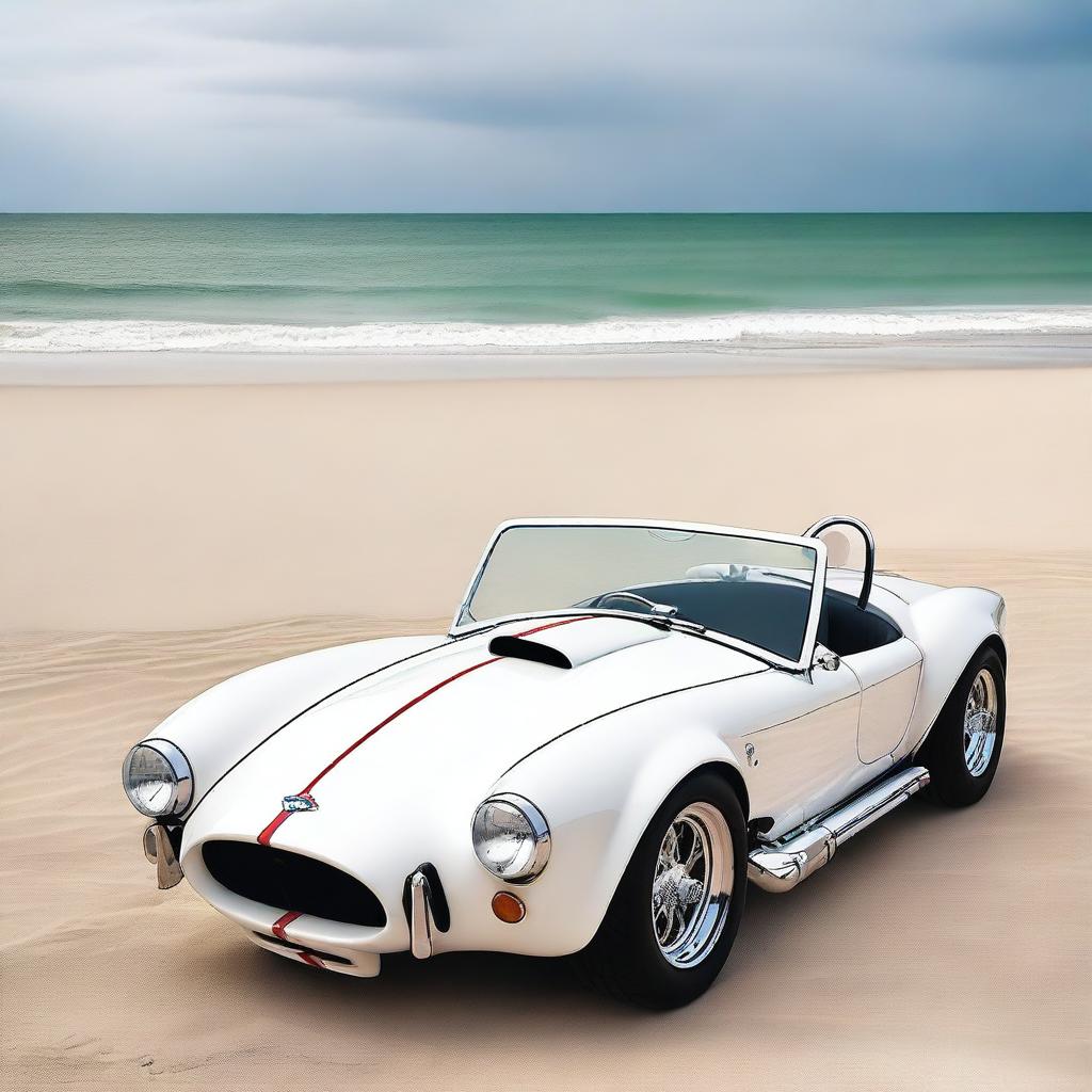 A white Ford Shelby Cobra featuring the Axalta logo parked on a beautiful beach