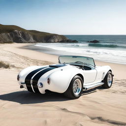 A white Ford Shelby Cobra featuring the Axalta logo parked on a beautiful beach