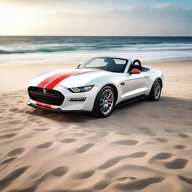 A white Ford Shelby Cobra featuring the Axalta logo parked on a beautiful beach