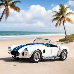 A white Ford Shelby Cobra featuring the Axalta logo parked on a beautiful beach