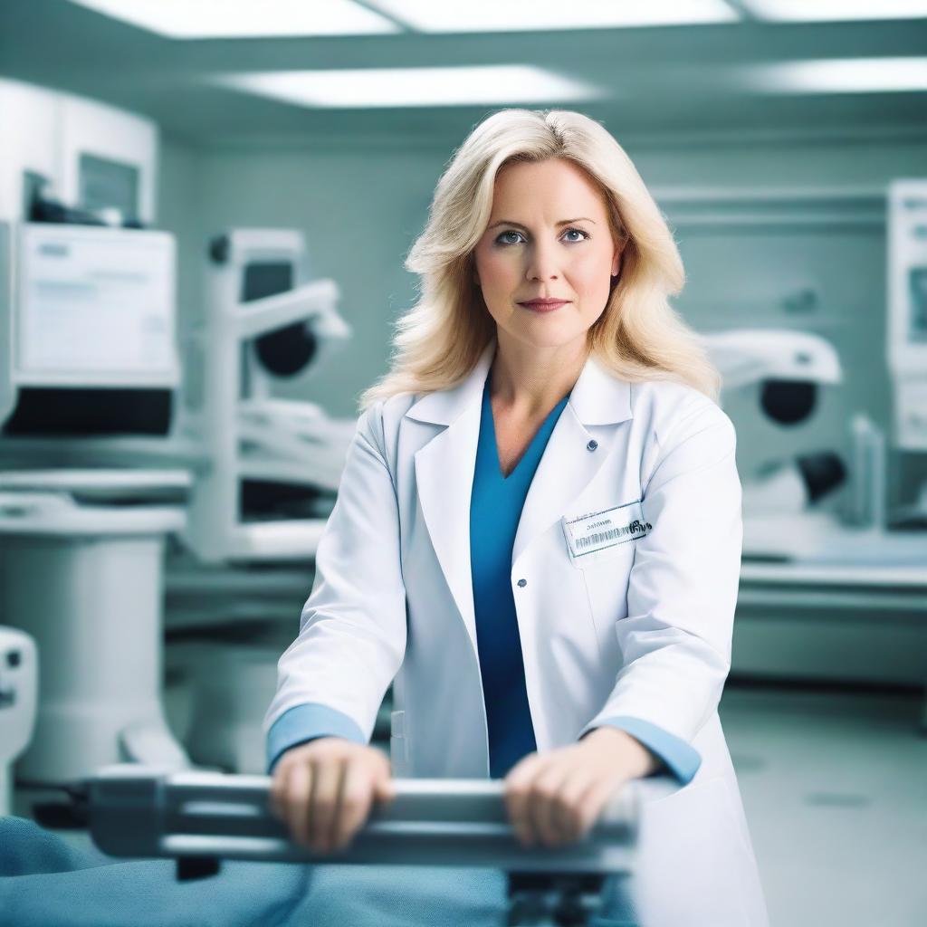 A beautiful, voluptuous, and mature woman, aged 48, with blonde hair, awakens on a lab stretcher surrounded by modern machines