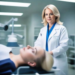 A beautiful, voluptuous, and mature woman, aged 48, with blonde hair, awakens on a lab stretcher surrounded by modern machines