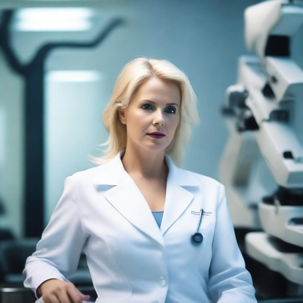 A beautiful, voluptuous, and mature woman, aged 48, with blonde hair, awakens lying on a stretcher in a futuristic laboratory from the year 2243