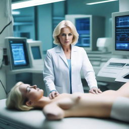 A beautiful, voluptuous, and mature woman, aged 48, with blonde hair, awakens lying on a stretcher in a futuristic laboratory from the year 2243