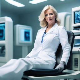 A beautiful, voluptuous, and mature woman, aged 48, with blonde hair, awakens lying on a stretcher in a futuristic laboratory from the year 2243