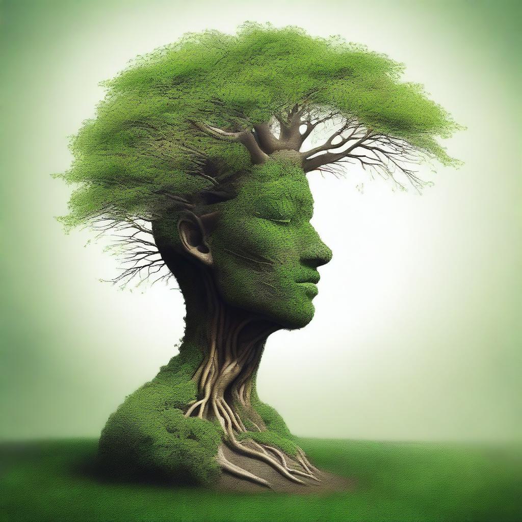 A surreal image of a human head with a tree growing out of it