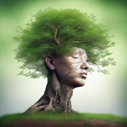 A surreal image of a human head with a tree growing out of it