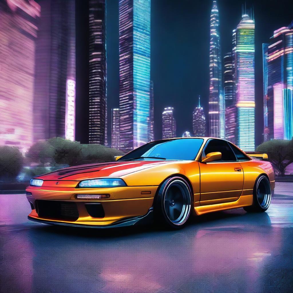 A highly detailed and futuristic sports coupe version of the Nissan Silvia S13