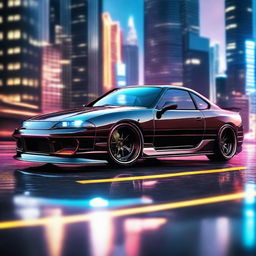 A highly detailed and futuristic sports coupe version of the Nissan Silvia S13