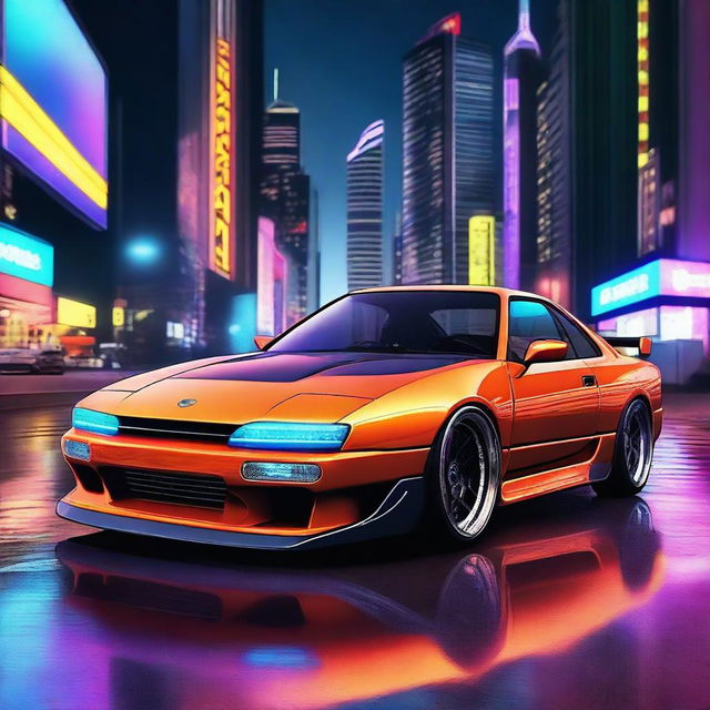 A highly detailed and futuristic sports coupe version of the Nissan Silvia S13