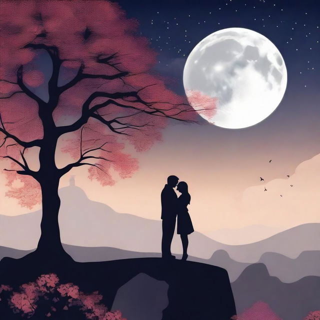 A high-quality image of a romantic night scene with a couple under a full moon