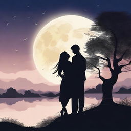 A high-quality image of a romantic night scene with a couple under a full moon