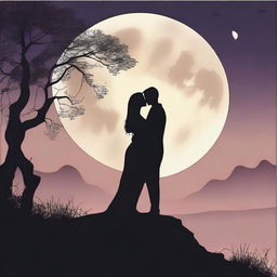 A high-quality image of a romantic night scene with a couple under a full moon