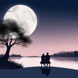 A high-quality image of a romantic night scene with a couple under a full moon