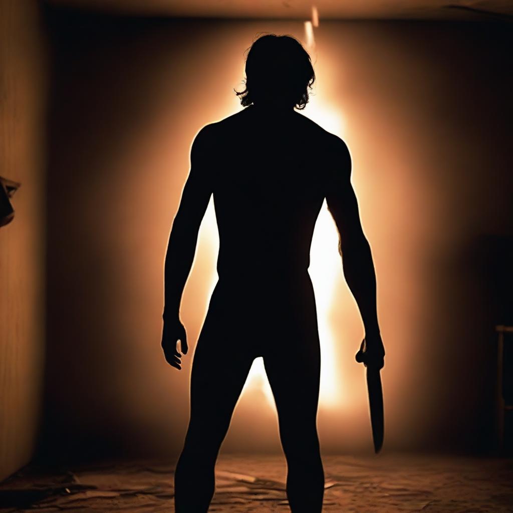 A photo taken from the back of an Indian man holding an axe in hand, standing in a dark room with a single light source