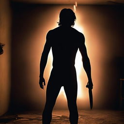 A photo taken from the back of an Indian man holding an axe in hand, standing in a dark room with a single light source