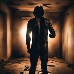 A photo taken from the back of an Indian man holding an axe in hand, standing in a dark room with a single light source