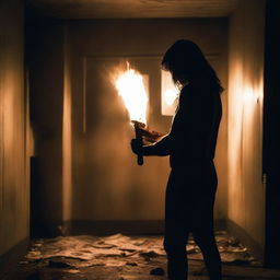 A photo taken from the back of an Indian man holding an axe in hand, standing in a dark room with a single light source