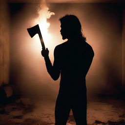 A photo taken from the back of an Indian man holding an axe in hand, standing in a dark room with a single light source