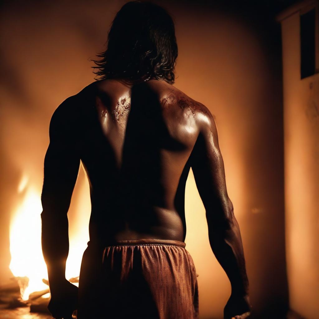 A photo taken from the back of an Indian man holding an axe in hand, standing in a dark room with a single light source