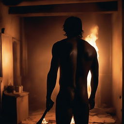 A photo taken from the back of an Indian man holding an axe in hand, standing in a dark room with a single light source