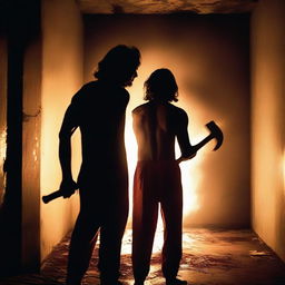 A photo taken from the back of an Indian man holding an axe in hand, standing in a dark room with a single light source