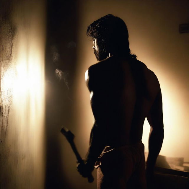 A photo taken from the back of an Indian man holding an axe in hand, standing in a dark room with a single light source