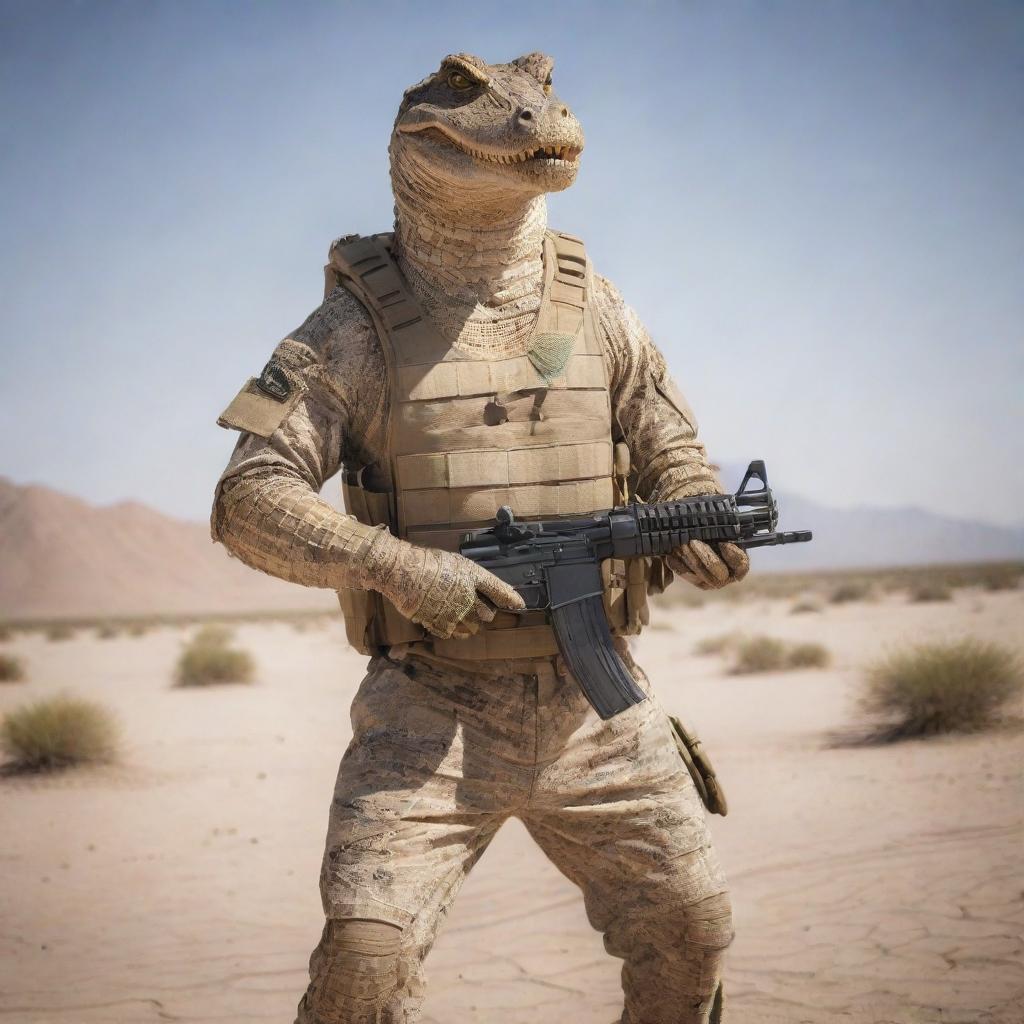 Anthropomorphic alligator in desert camouflage tactical gear, stoically holding an AK47, poised ready for action in the expansive desert setting.