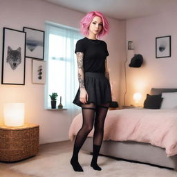 A full-body image of a fit, young woman standing in a bedroom