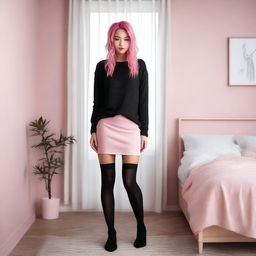 A full-body image of a fit, young woman standing in a bedroom