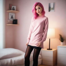 A full-body image of a fit, young woman standing in a bedroom