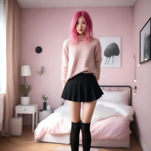 A full-body image of a fit, young woman standing in a bedroom