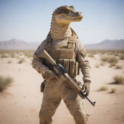 Anthropomorphic alligator in desert camouflage tactical gear, stoically holding an AK47, poised ready for action in the expansive desert setting.