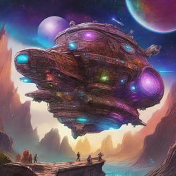 A detailed and colorful scene of a spaceship designed for a ragtag team of Dungeons & Dragons protagonists in a sci-fi setting