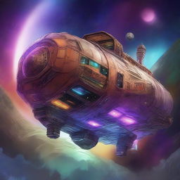 A detailed and colorful scene of a spaceship designed for a ragtag team of Dungeons & Dragons protagonists in a sci-fi setting