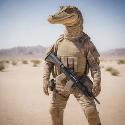 Anthropomorphic alligator in desert camouflage tactical gear, stoically holding an AK47, poised ready for action in the expansive desert setting.