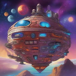 A detailed and colorful scene of a spaceship designed for a ragtag team of Dungeons & Dragons protagonists in a sci-fi setting