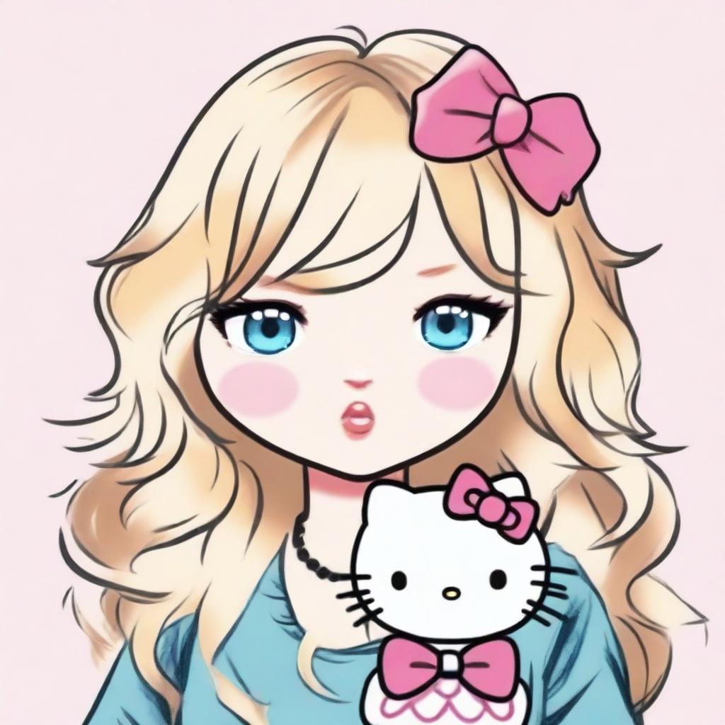 Create an image of Hello Kitty with chest-high, wavy blond hair