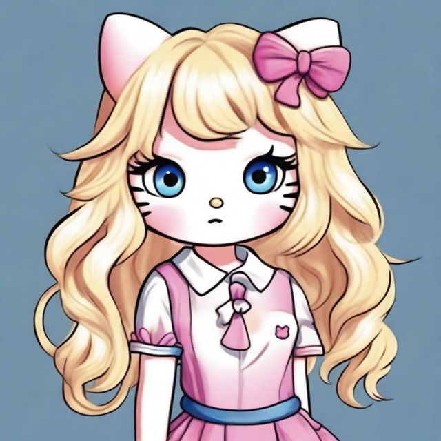 Create an image of Hello Kitty with chest-high, wavy blond hair