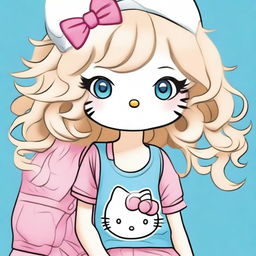 Create an image of Hello Kitty with chest-high, wavy blond hair