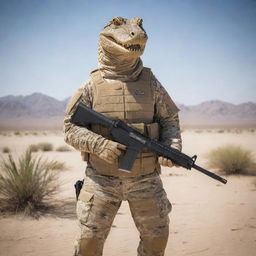 Anthropomorphic alligator in desert camouflage tactical gear, stoically holding an AK47, poised ready for action in the expansive desert setting.