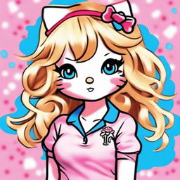 Create an image of Hello Kitty with chest-high, wavy blond hair and blue eyes