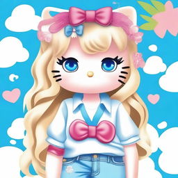 Create an image of Hello Kitty with chest-high, wavy blond hair and blue eyes