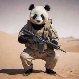 Anthropomorphic panda in desert camouflage tactical gear, clenching an AK47 in its paws, remaining vigilant amidst the shifting sands of a vast desert landscape.